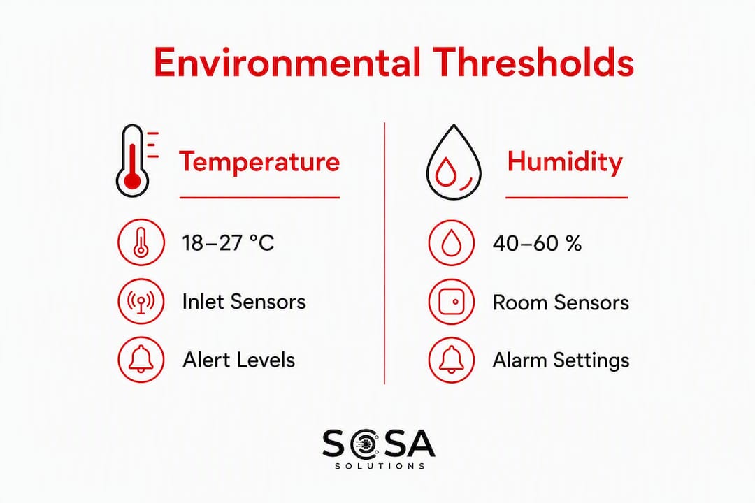 Infographic displaying environmental thresholds for temperature and humidity in server rooms
