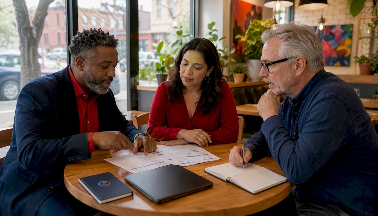 IT consultant meeting retail owners in conference room