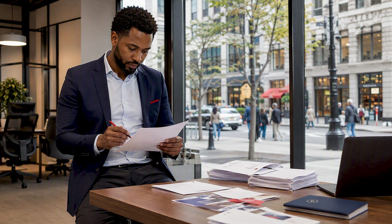 IT consultant reviewing managed service provider documents in retail office
