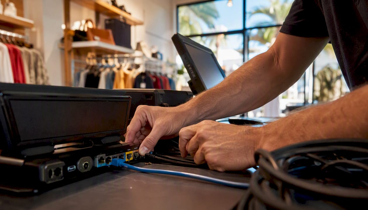 Hands connecting POS hardware in retail store