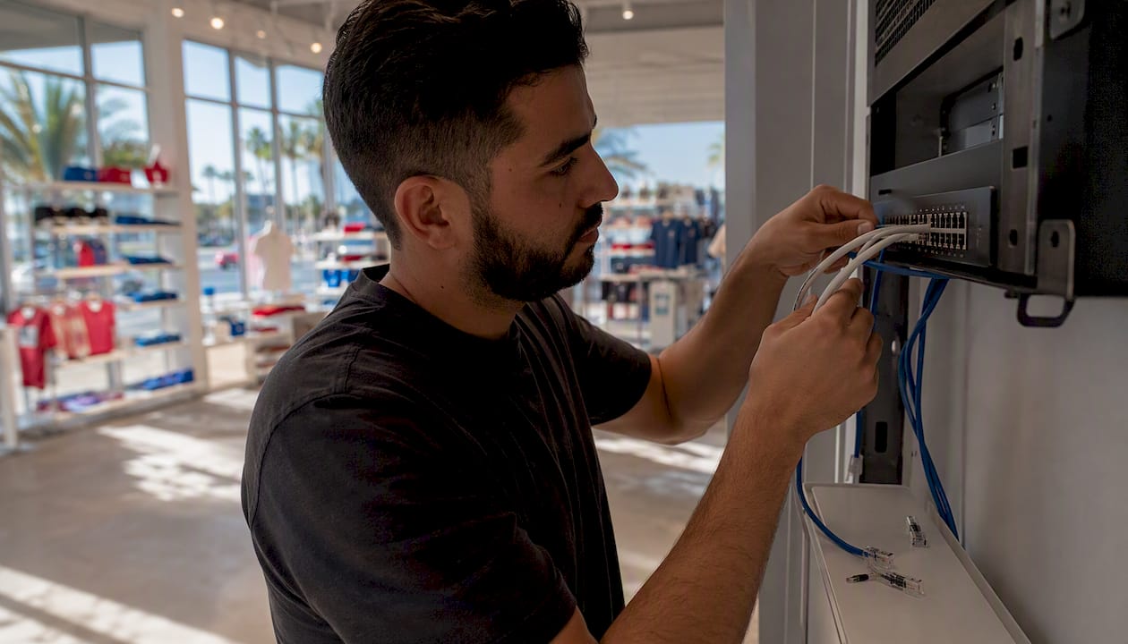Technician wiring network cables in retail store