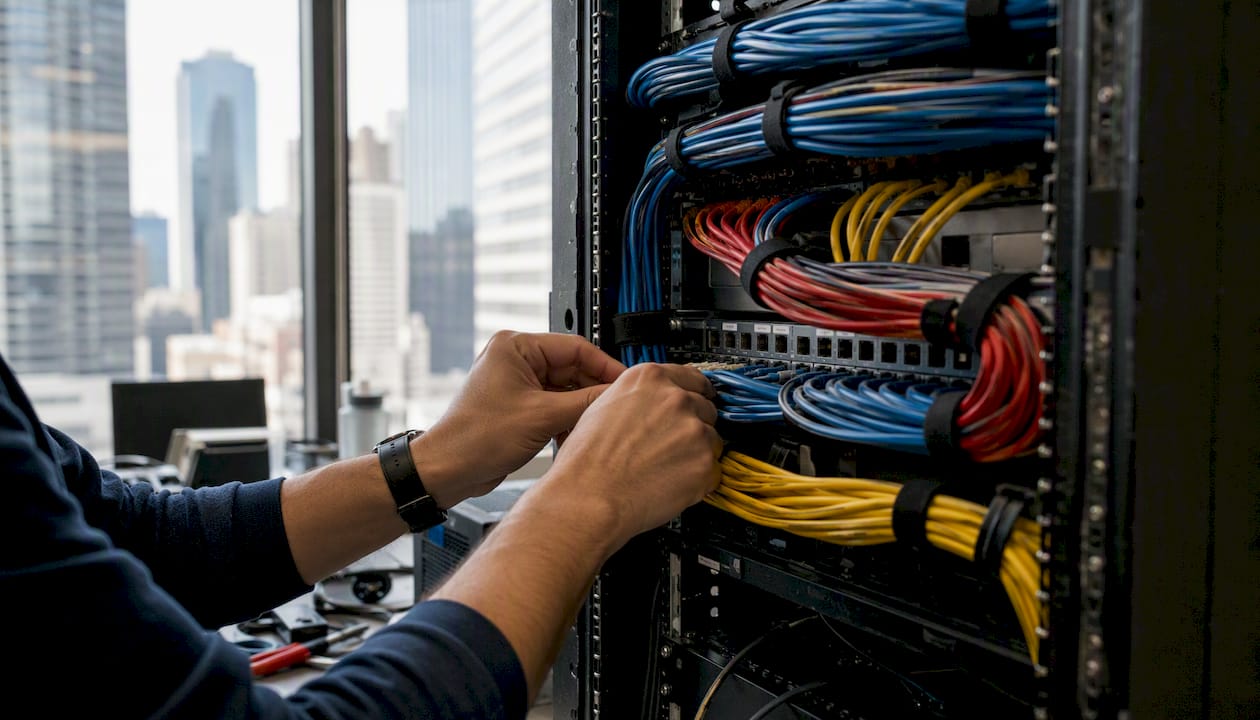 Hands inspecting network cables in server rack