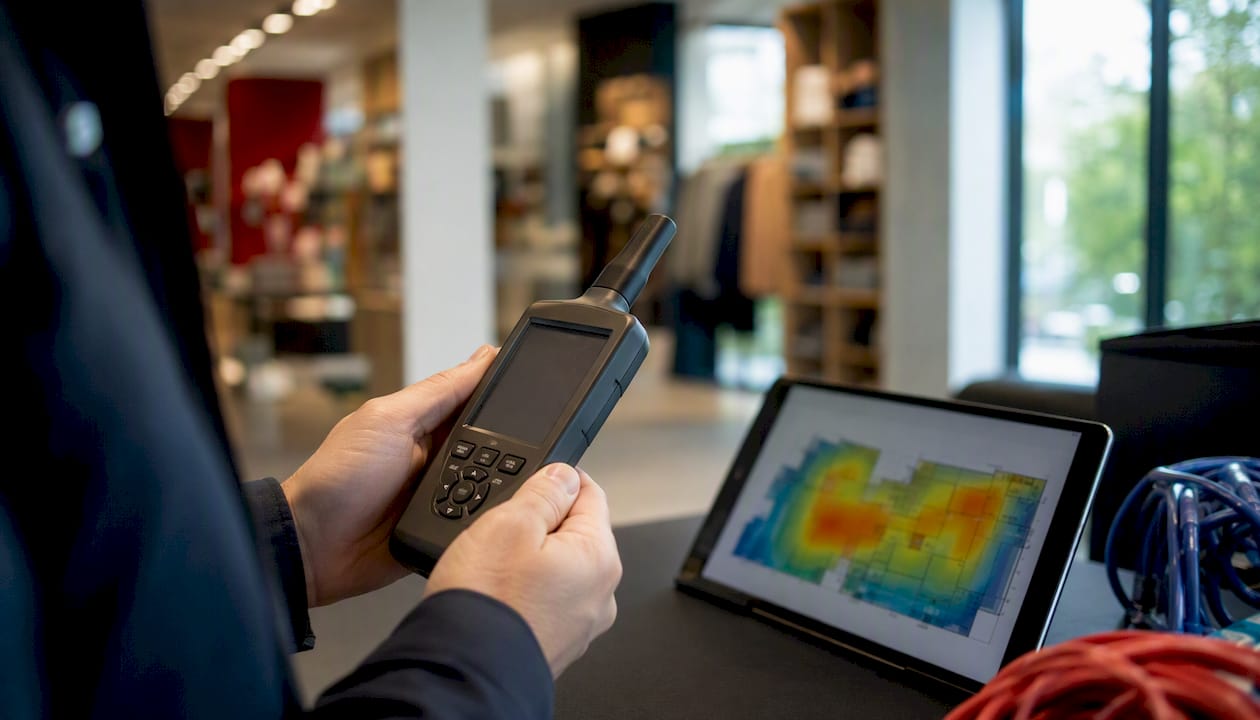 Hands holding Wi-Fi signal measuring device in store