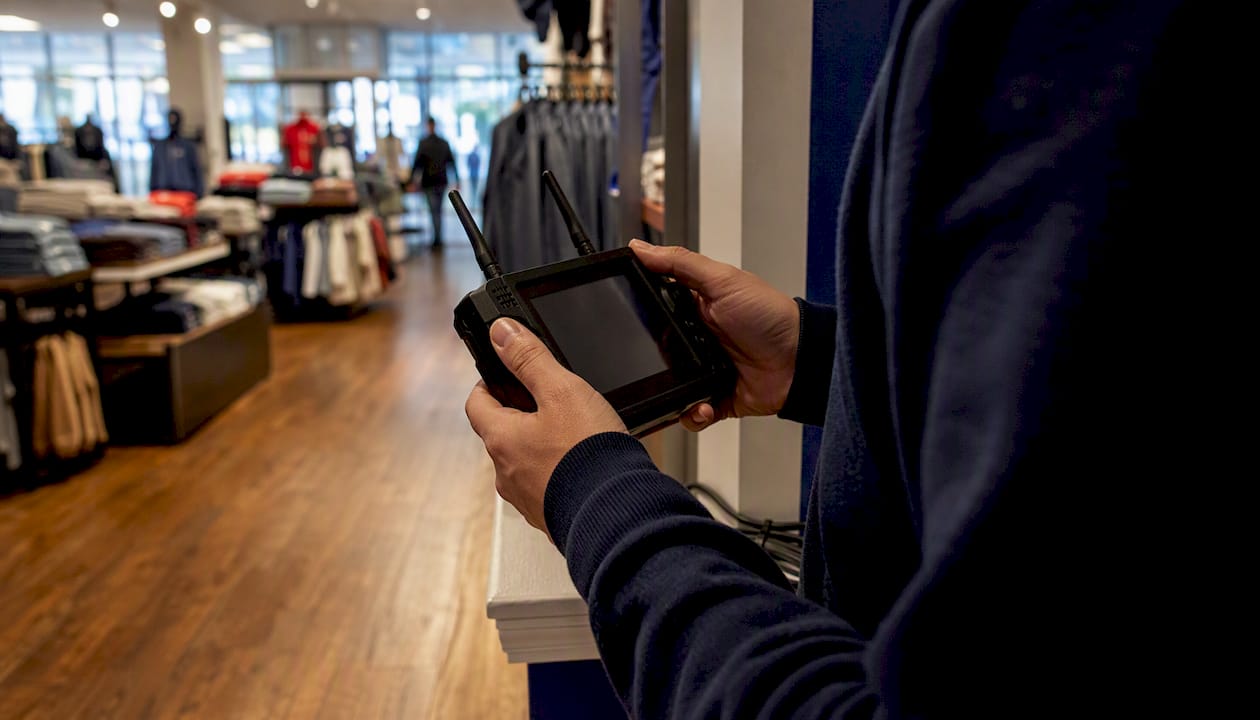 Hands measuring Wi-Fi signal in retail store