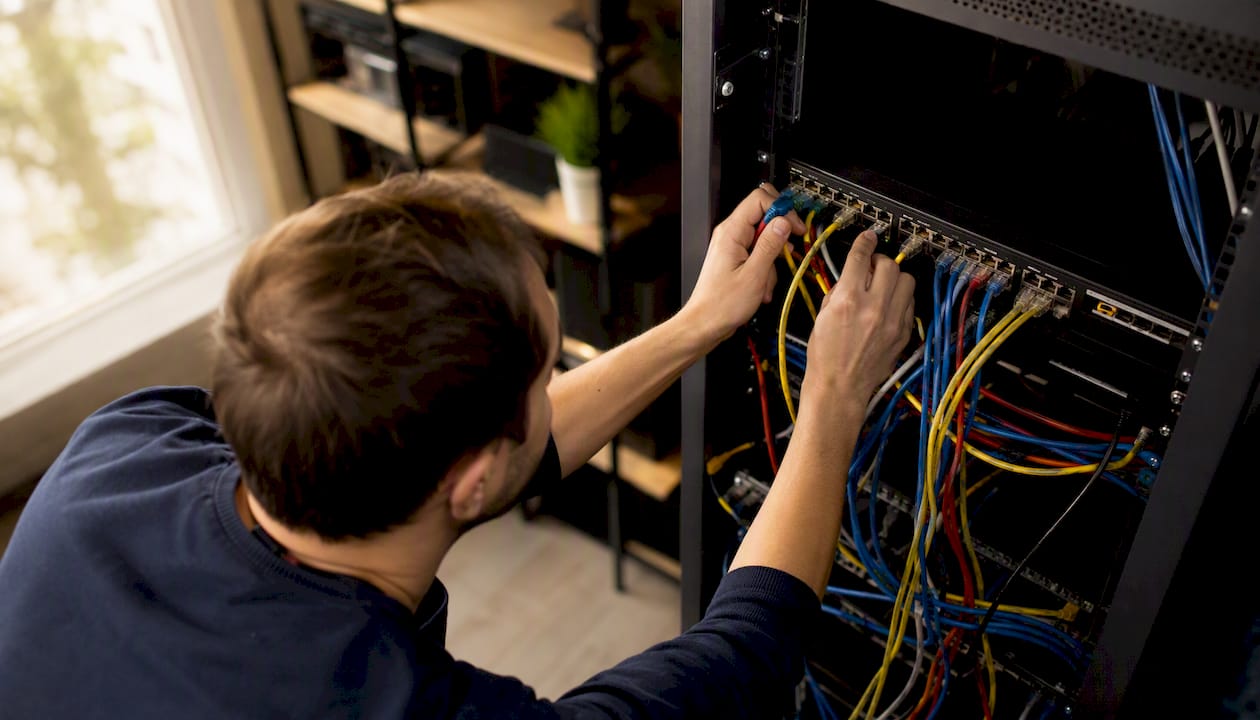 Hands connecting network cables in server rack