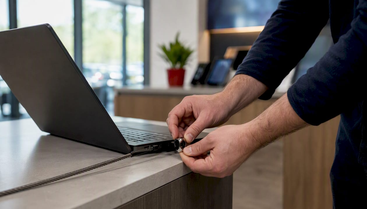 Hands securing laptop with cable lock