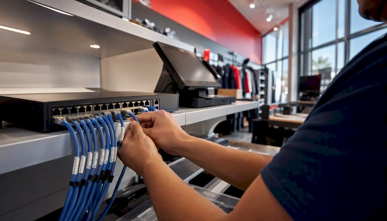 Hands connecting cables to network switch near POS device