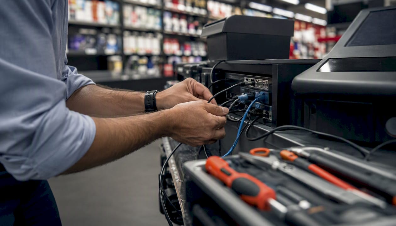 Hands wiring POS hardware in retail backroom