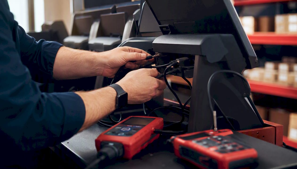 Hands performing POS hardware maintenance