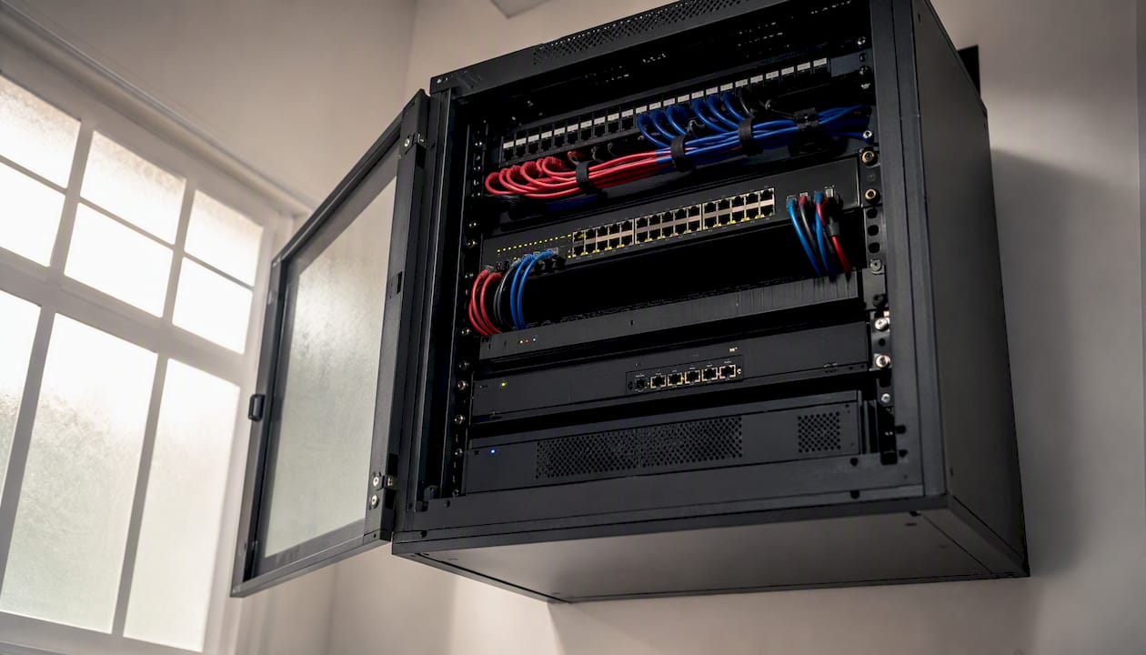 Wall-mount network rack with patch panel and switch