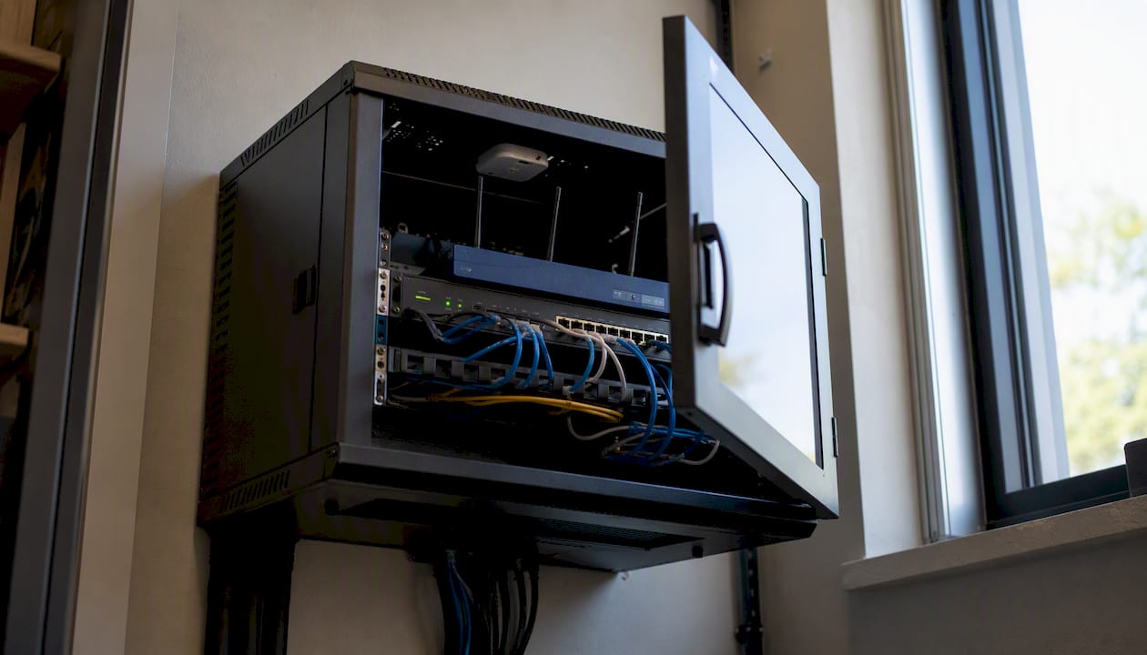 Small retail store network rack in back-office closet