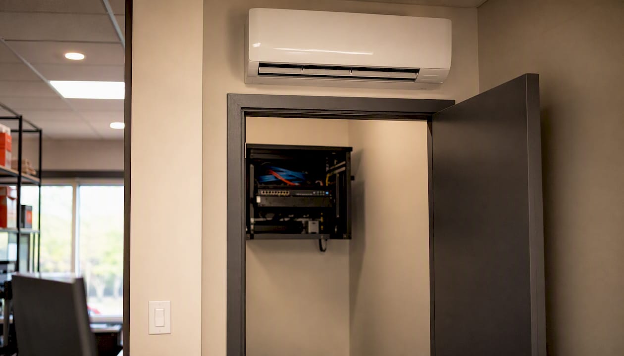 Mini-split air conditioning unit over server closet door