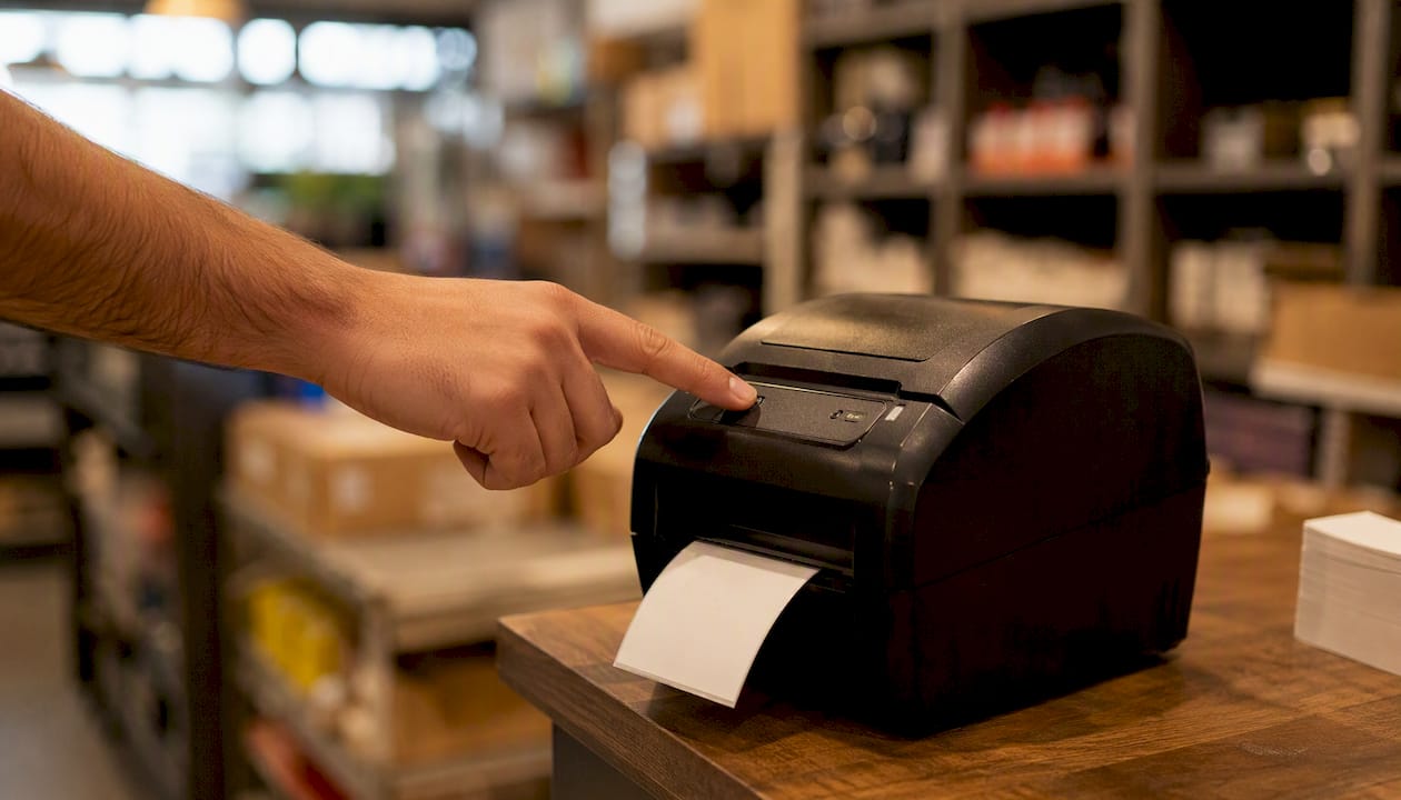 Hand pressing calibrate button on label printer