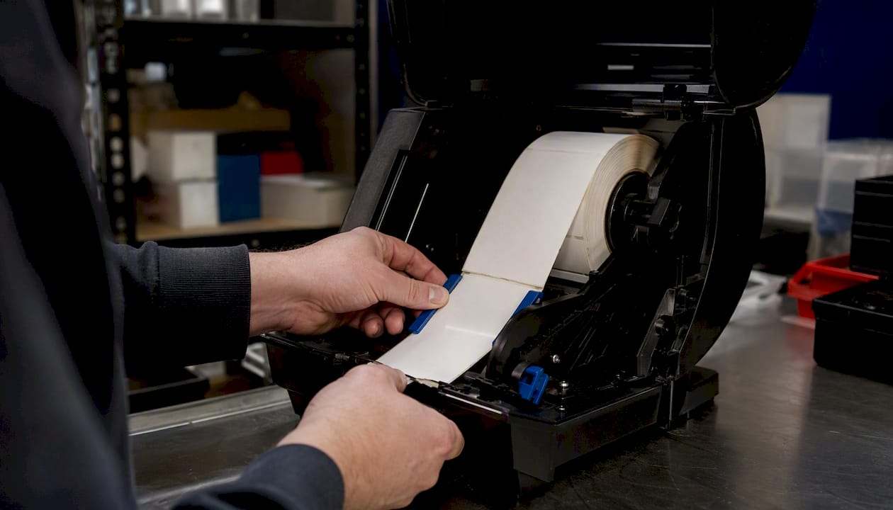 Hands feeding label media into open printer