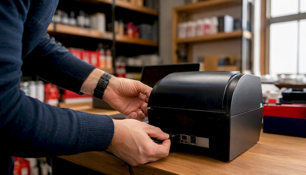 Hands connecting USB cable to label printer