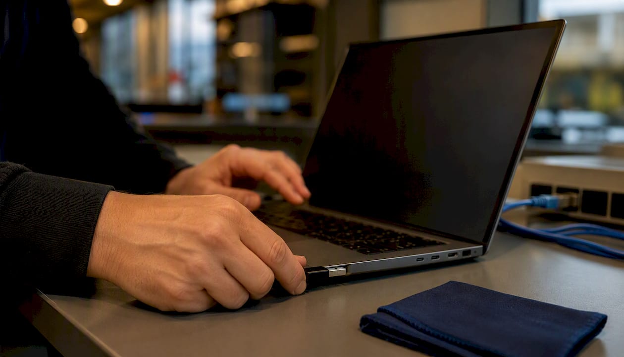 Hands connecting security USB device to laptop