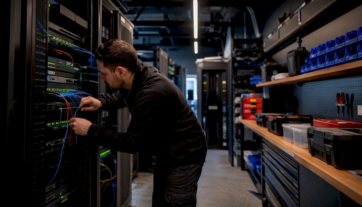 Technician connecting network cable in retail server room
