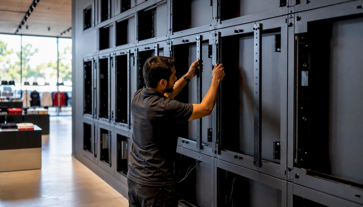 Hands adjusting video wall alignment frame