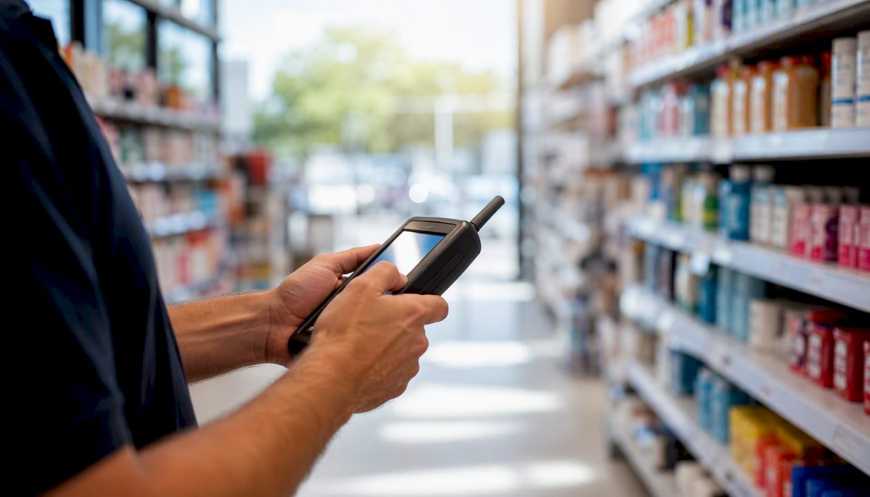 Hands holding WiFi survey device in retail aisle