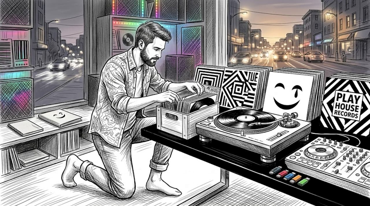 DJ with both vinyl and digital equipment