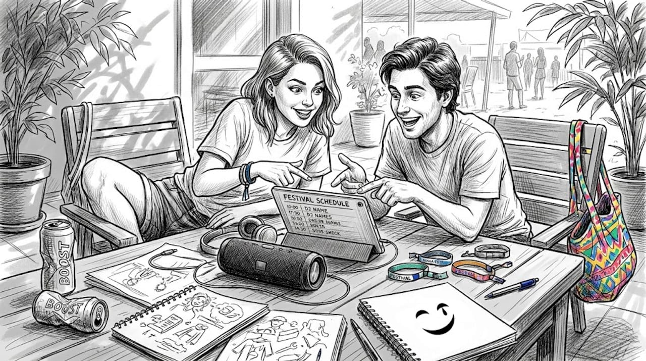 Friends listening to DJ previews in messy living room