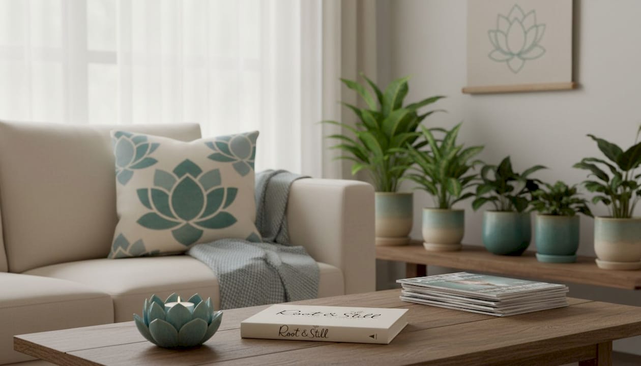 Lotus-themed home decor in a tranquil living room