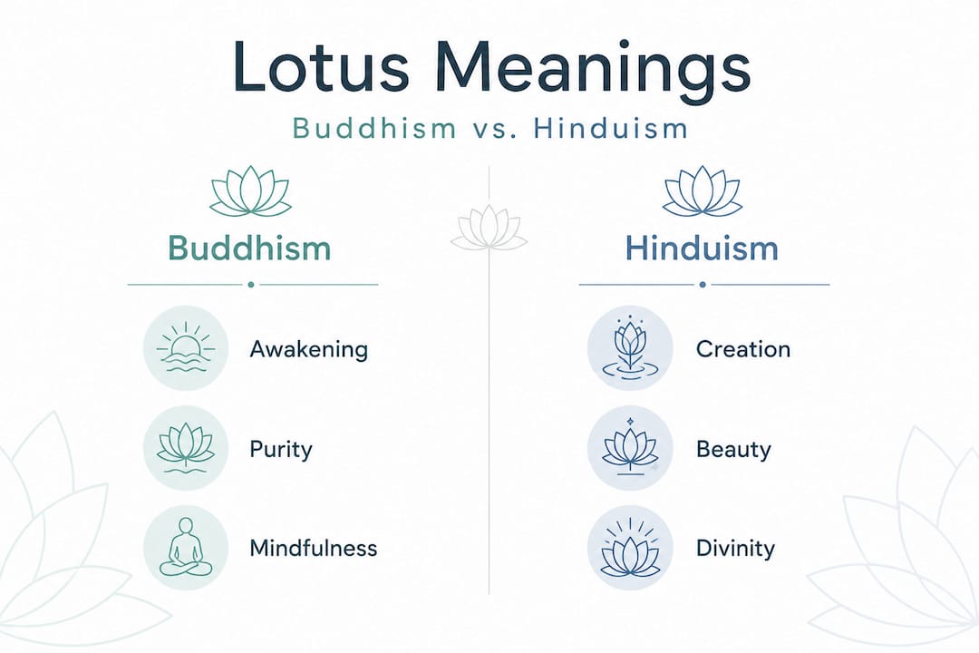 Infographic comparing lotus symbolism in Buddhism and Hinduism