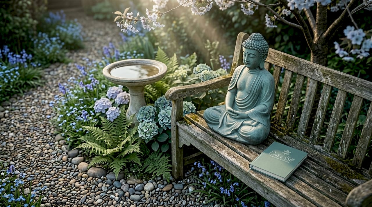 Stone garden sculptures in lush UK garden