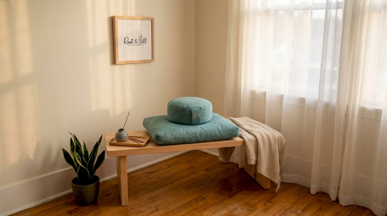 Calm meditation area with blue cushion and white curtains