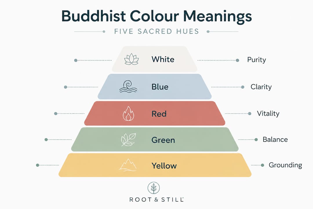 Infographic showing five colors and their meanings in Buddhism