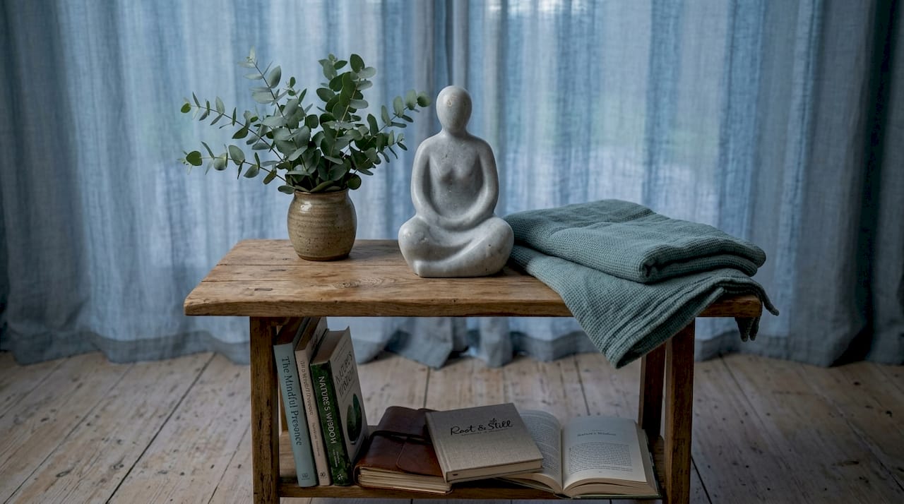 Marble statue on wooden table in cozy living room