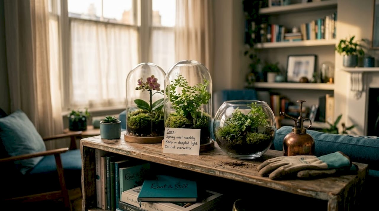 Glass terrariums on living room shelf