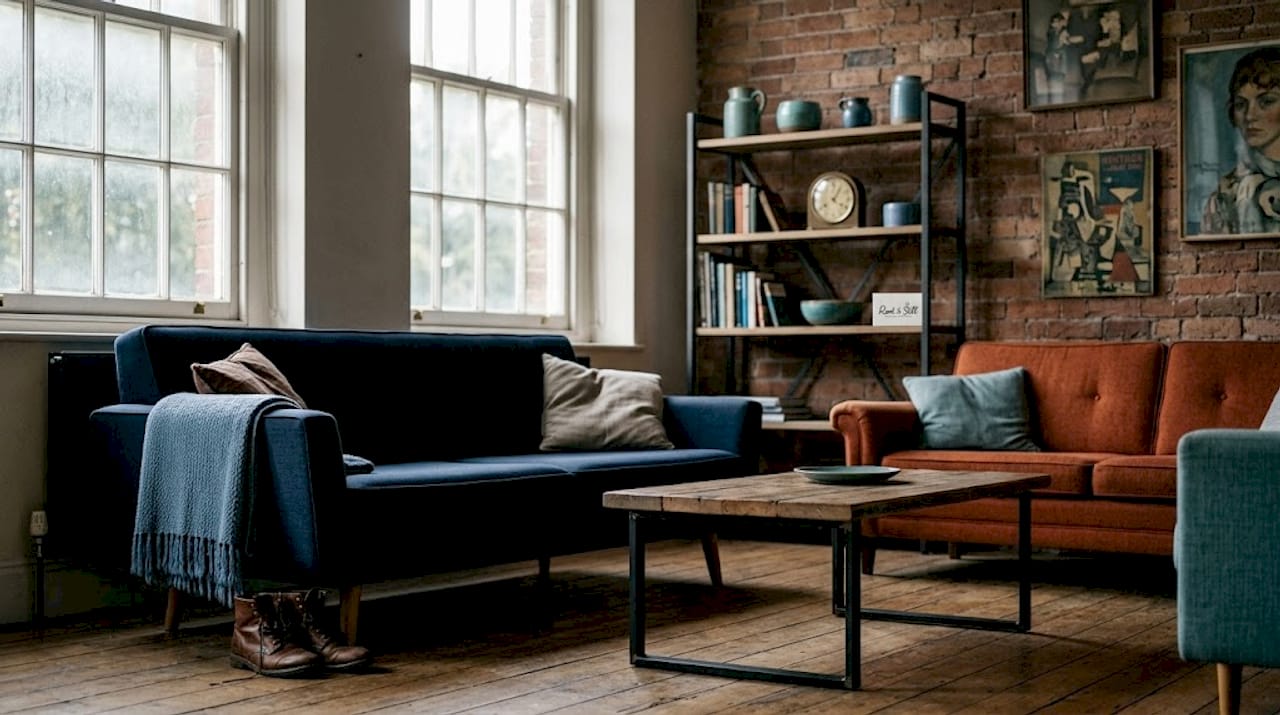 Mid-century modern meets vintage industrial living room