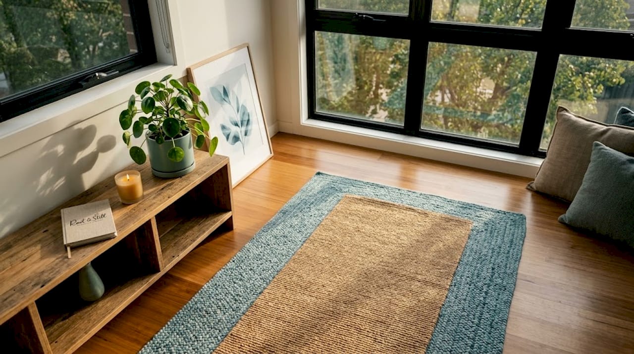 Sunlit home yoga space with mat and natural light