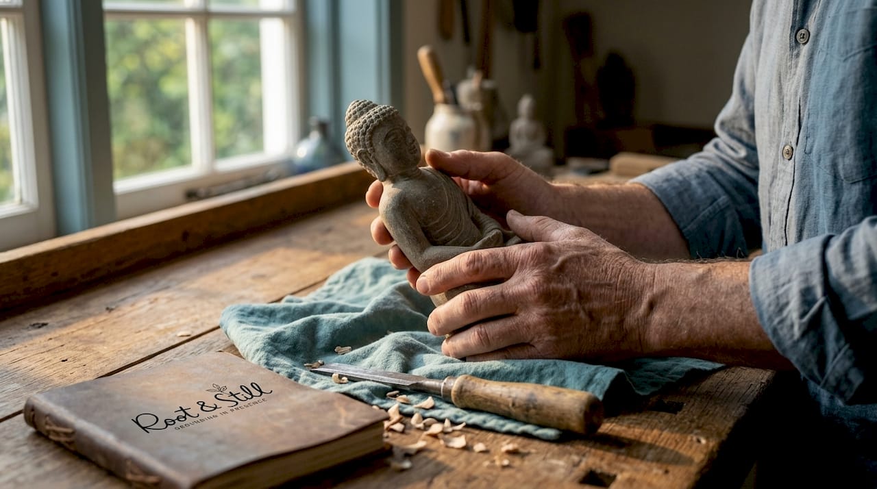 Artisan examines stone Buddha craftsmanship