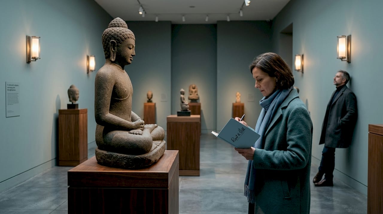 Stone Buddha statue in museum gallery