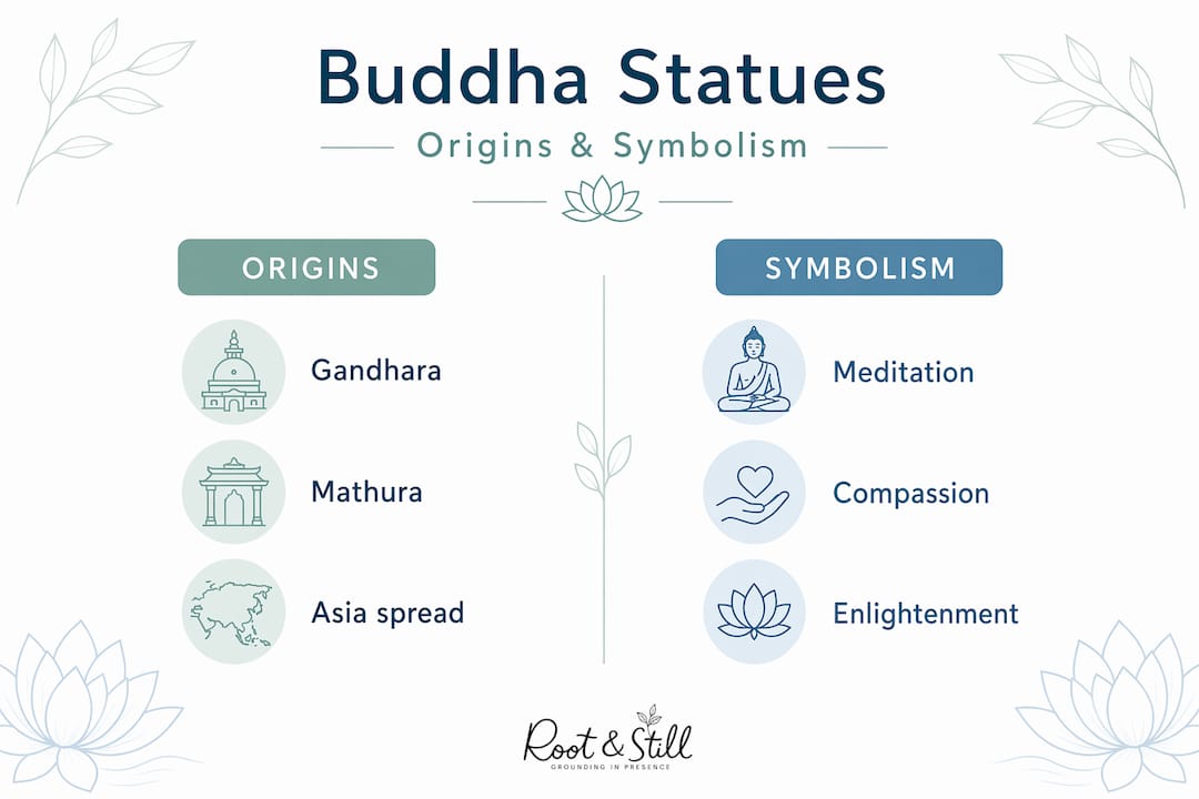 Infographic comparing Buddha statue origins and symbolism