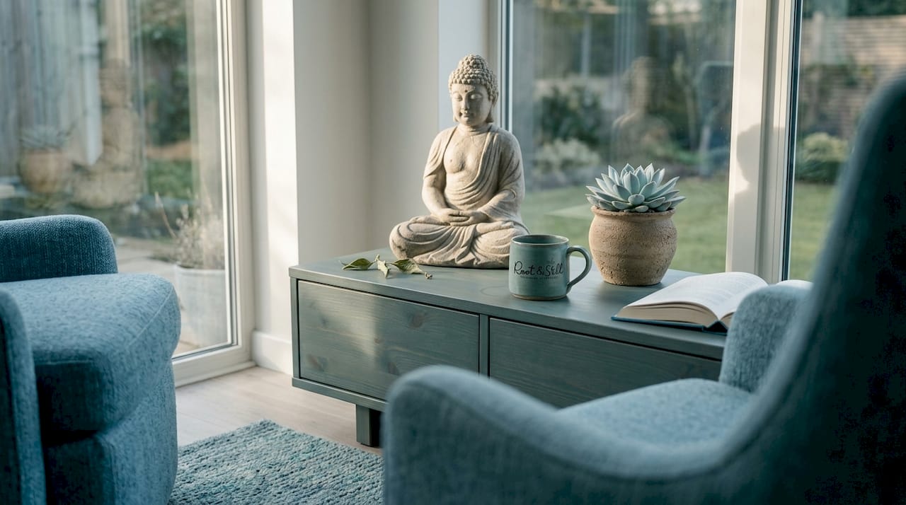 Stone Buddha statue on wooden shelf in living room
