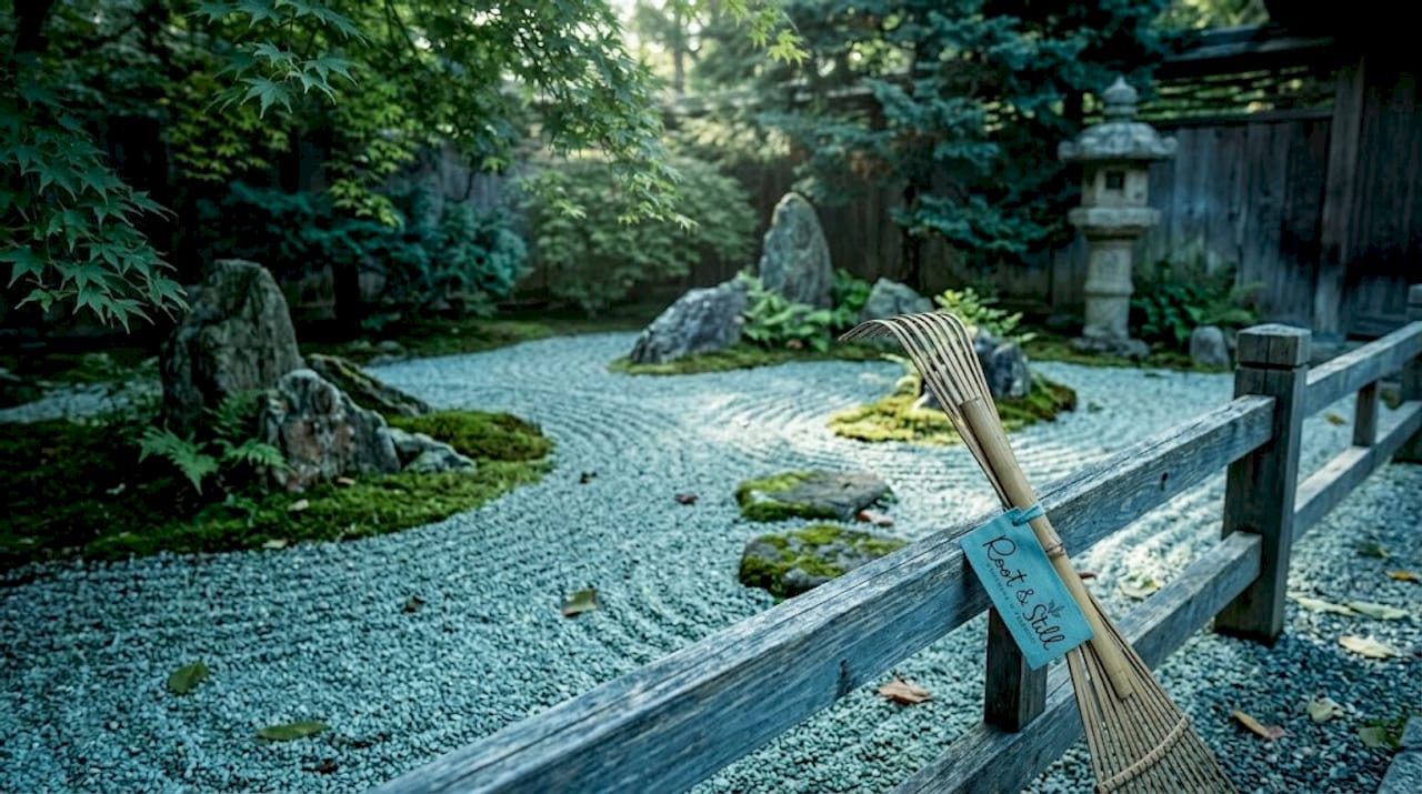 Traditional zen garden with raked gravel and stones