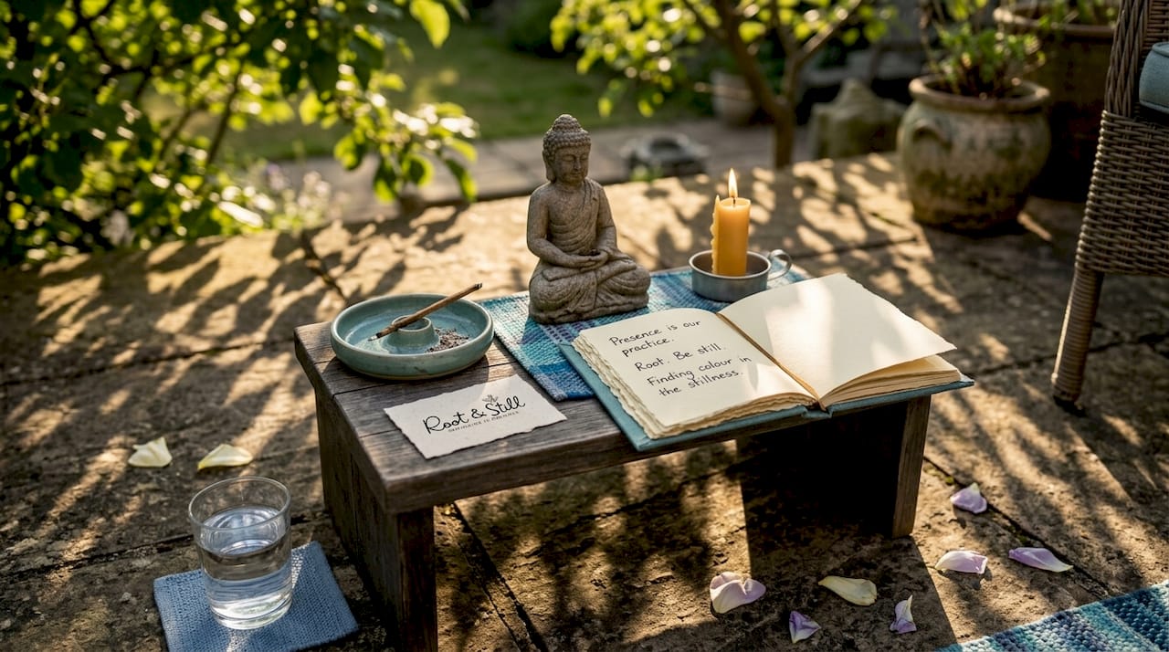 Simple home Buddhist altar with Buddha statue and offerings