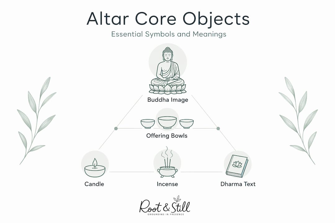 Infographic pyramid showing Buddhist altar objects and meanings