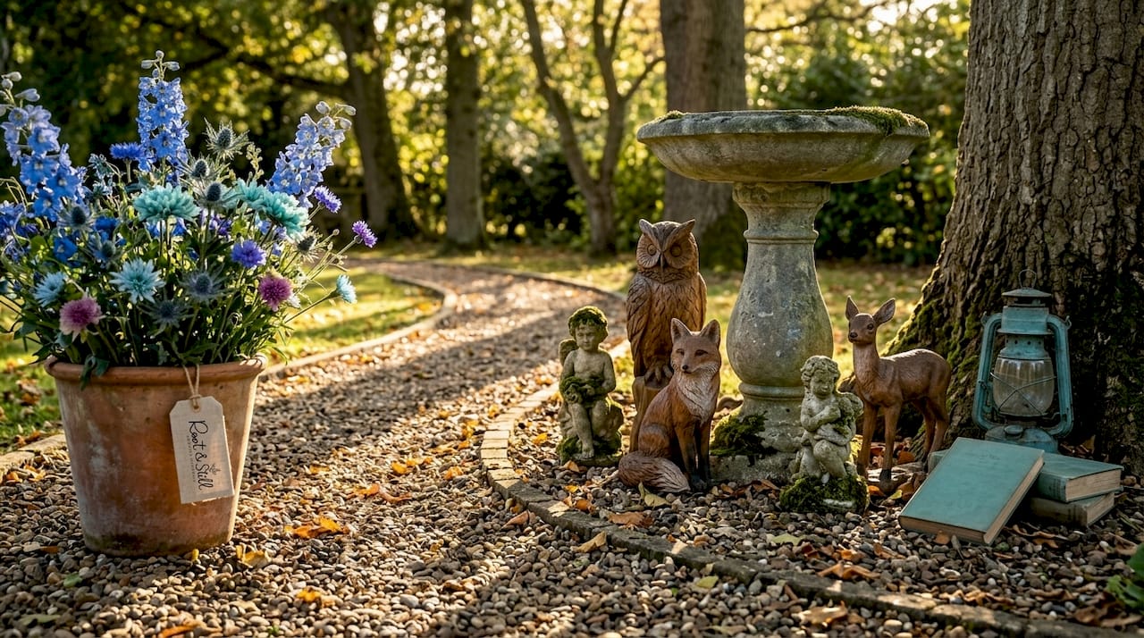 Stone birdbath and statues in UK garden