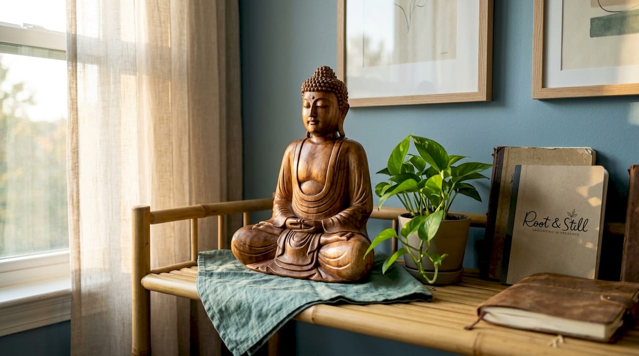 Wooden Buddha statue in cared-for home space