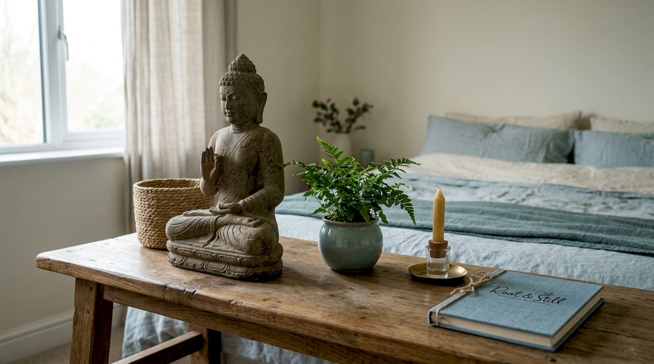 Bhumisparsha Buddha statue on home console table
