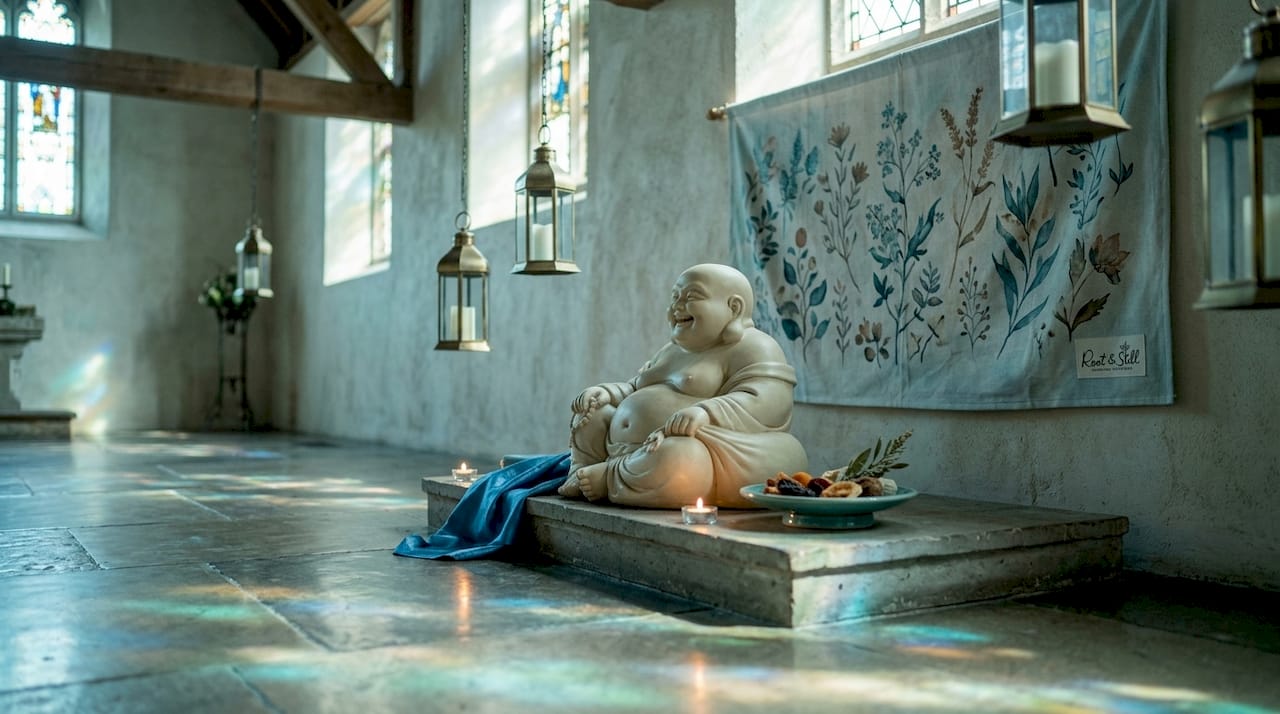 Laughing Buddha statue in traditional temple setting