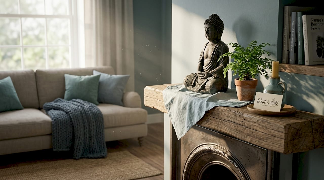 Buddha statue styled on wooden mantel in living room