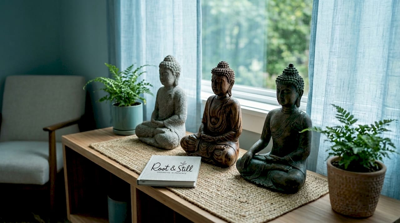 Three Buddha statues arranged on wooden shelf