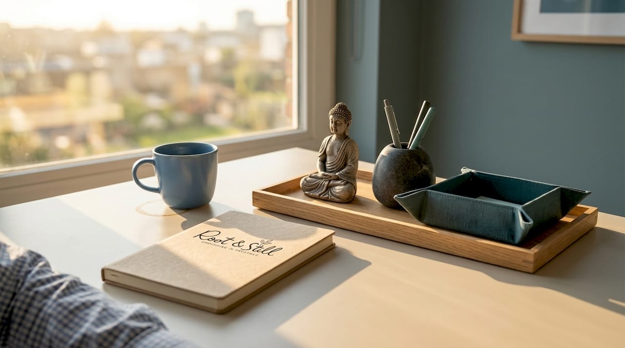 Buddha statue on wooden desk with office accessories