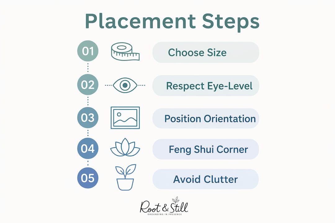 Infographic illustrating Buddha statue placement steps on desk