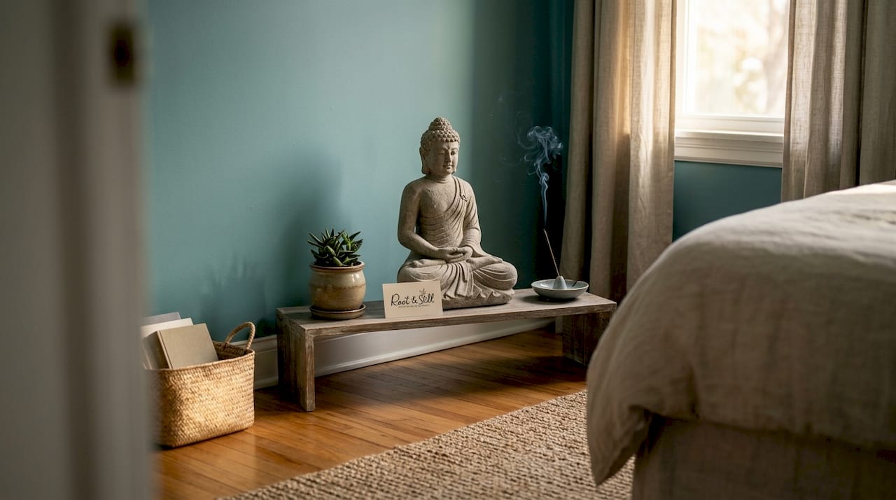 Meditating Buddha statue in home living room corner